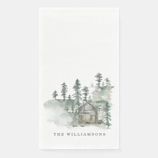 Serviette En Papier Russe Cabine Aquarelle Forêt Vert Nom de famille (Devant)