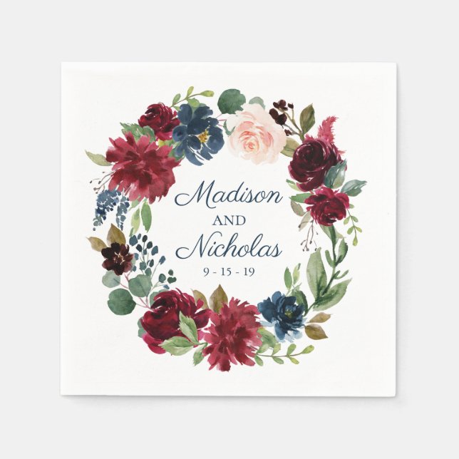 Serviette En Papier Russe Marine Marsala Floral Mariage serviettes (Devant)