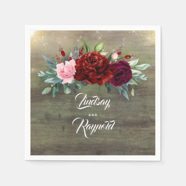 Serviette En Papier Russe Pays Bourgogne Rouge Floral Mariage (Devant)