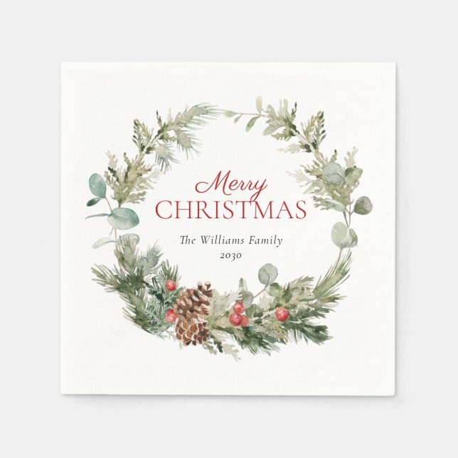 Serviette En Papier Russe Pine d'hiver Berry Wreath Joyeux Noël (Devant)