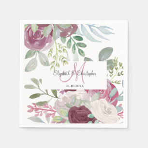 Serviette En Papier Russe Rose Floral Aquarelle Bourgogne Mariage 