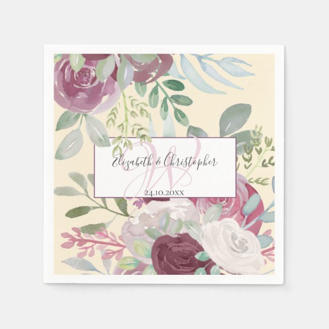 Serviette En Papier Russe Rose Floral Aquarelle Bourgogne Mariage (Devant)
