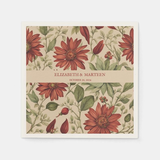 Serviette En Papier Russe Sage Vert & Bourgogne Rouge Floral Automne (Devant)