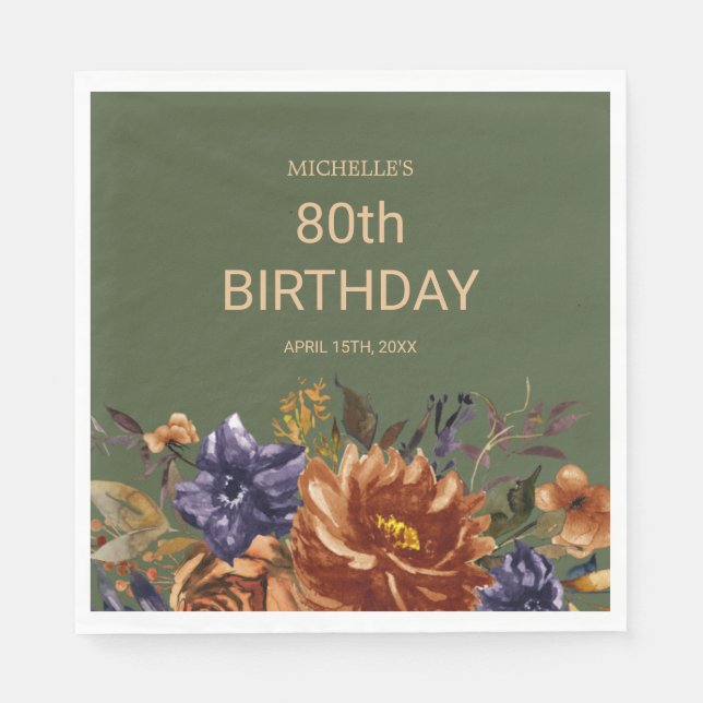 Serviette En Papier Rust Orange Bleu Floral Vert Anniversaire (Devant)