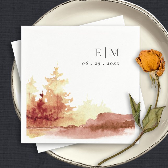 Serviette En Papier Rust Orange Jaune Automne Arbres Monogramme Mariag (Créateur téléchargé)