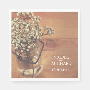 Serviette En Papier Rustic Baby's Breath Mason Jar Mariage en bois
