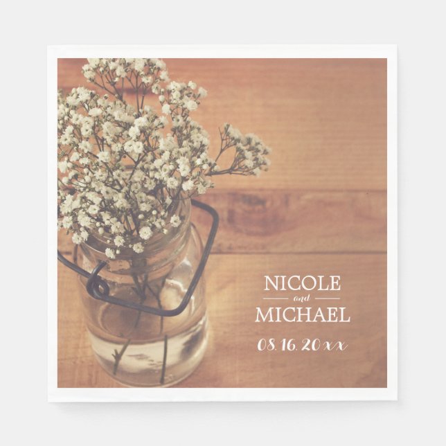 Serviette En Papier Rustic Baby's Breath Mason Jar Mariage en bois (Devant)