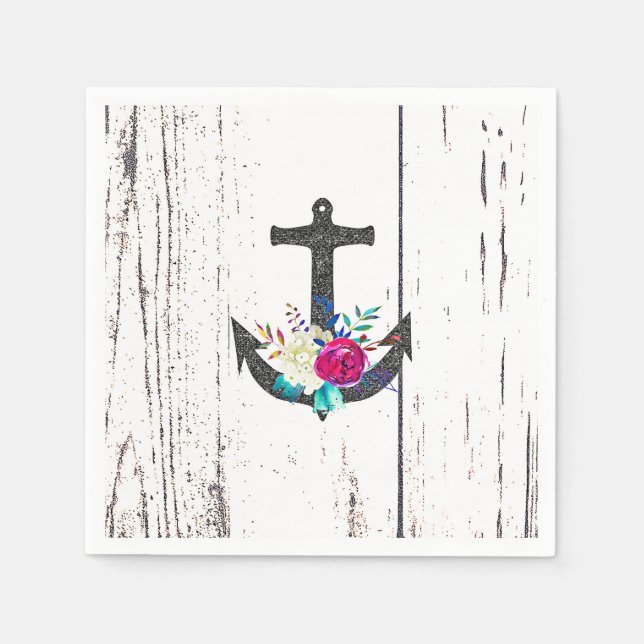 Serviette En Papier Rustic Beach Anchor & Bold Floral Summer Nautical (Devant)