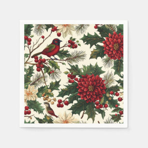 Serviette En Papier Rustic Bird et Poinsettia Motif de Noël (10)