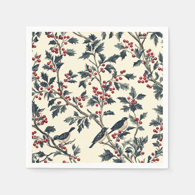 Serviette En Papier Rustic Bird et Poinsettia Motif de Noël (18) (Devant)