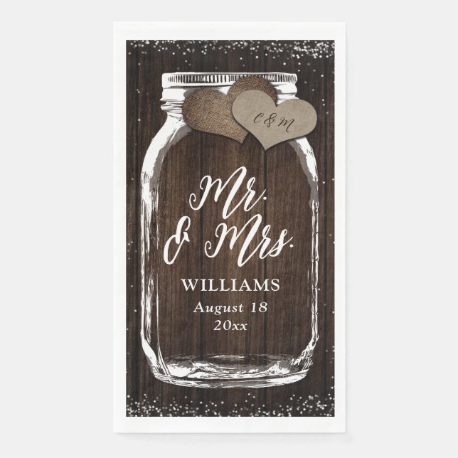 Serviette En Papier Rustic Country Mason Jar Wood Mr & Mrs Mariage (Devant)