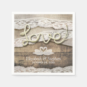 Serviette En Papier Rustic Country Wood Love Mariage de dentelle Burla