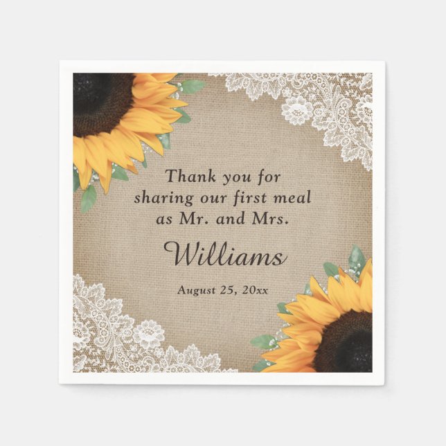 Serviette En Papier Rustic County Burlap et Lace Sunflower Mariage (Devant)