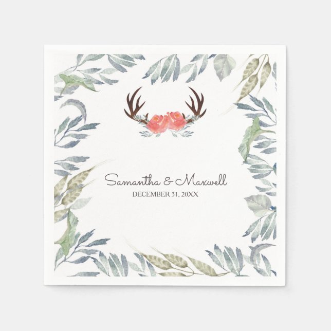 Serviette En Papier RUSTIC Deer Antler et la verdure, Pêche (Devant)