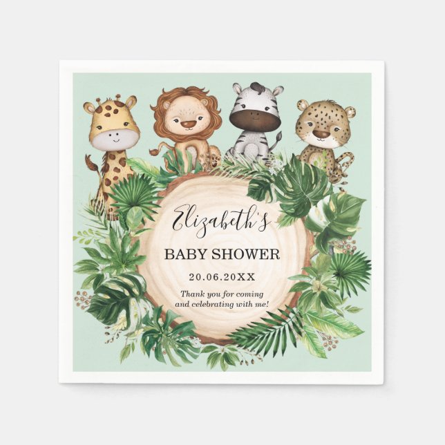 Serviette En Papier Rustic Jungle Safari Animaux Baby shower verdoyant (Devant)