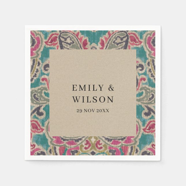 SERVIETTE EN PAPIER RUSTIC KRAFT BOHO TRIBAL IKAT PINK MARIAGE TURQUOI (Devant)
