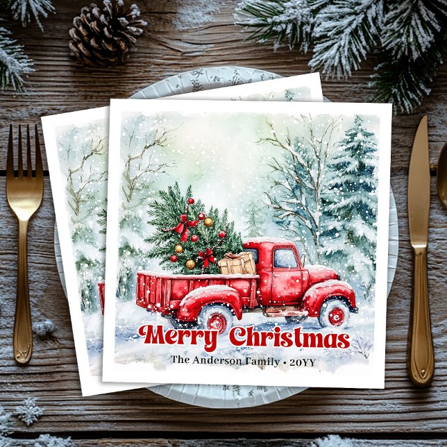 Serviette En Papier Rustic red truck Christmas scene festive napkins (Rustic red truck Christmas scene festive napkins)