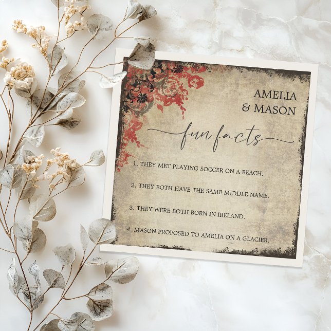 Serviette En Papier Rustic Script Red Floral Fun Facts Wedding  (Rustic Script Red Floral Fun Facts Wedding Napkins)