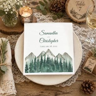 Serviette En Papier Rustic Watercolor Mountains et Pine Mariage