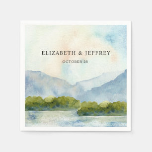 Serviette En Papier Rustic Watercolor Mountains Lake Mariage d'hiver