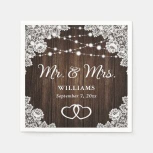 Serviette En Papier Rustic Wood Hearts Dentelle String Mariage