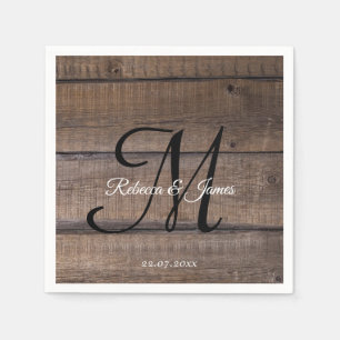 Serviette En Papier Rustic Wood Monogramme Nom Script Wedding Party