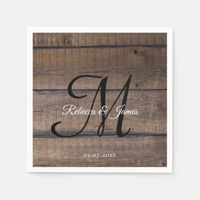 Serviette En Papier Rustic Wood Monogramme Nom Script Wedding Party (Devant)