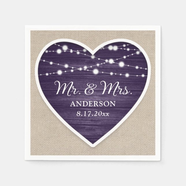 Serviette En Papier Rustic Wood Purple M. et Mme la Mariage (Devant)