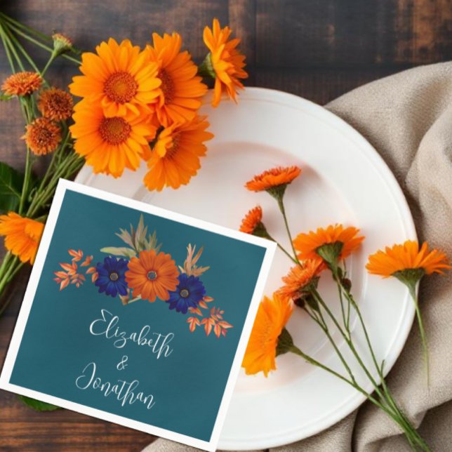 Serviette En Papier Rustique Automne Orange Navy Bleu Floral Mariage (Créateur téléchargé)