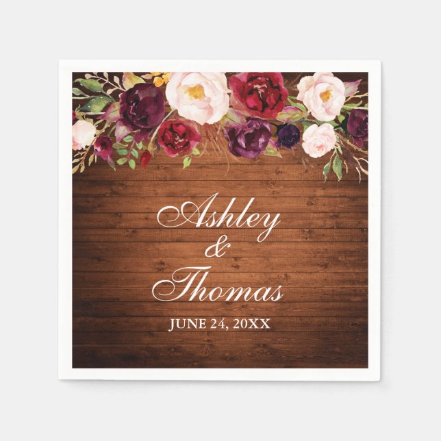 Serviette En Papier Rustique Bois Bourgogne Mariage Floral (Devant)