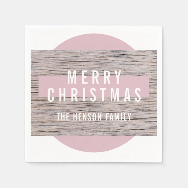 Serviette En Papier Rustique Bois rose Joyeux Noël Famille (Devant)