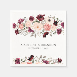 Serviette En Papier Rustique Bourgogne Blush Floral Mariage