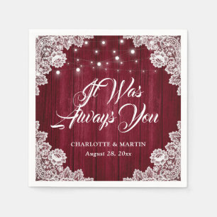 Serviette En Papier Rustique Bourgogne Rouge Mariage dentelle en bois