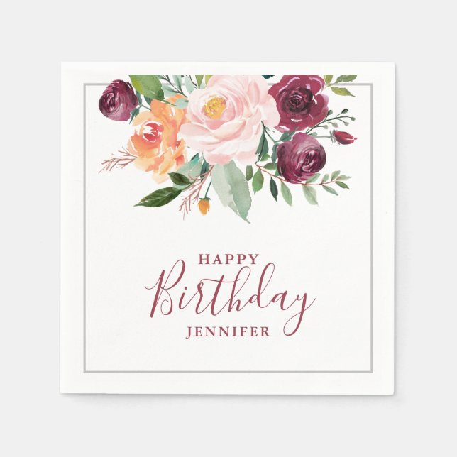 Serviette En Papier Rustique Burgunday rose Floral fête d'anniversaire (Devant)