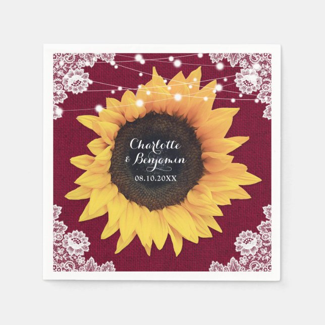 Serviette En Papier Rustique Burlap Dentelle Bourgogne Mariage de tour (Devant)