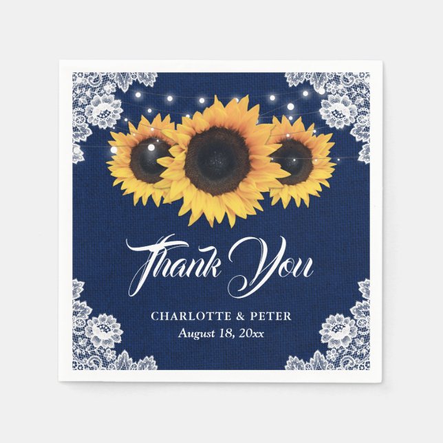 Serviette En Papier Rustique Burlap Lace Tournesol Mariage bleu marine (Devant)