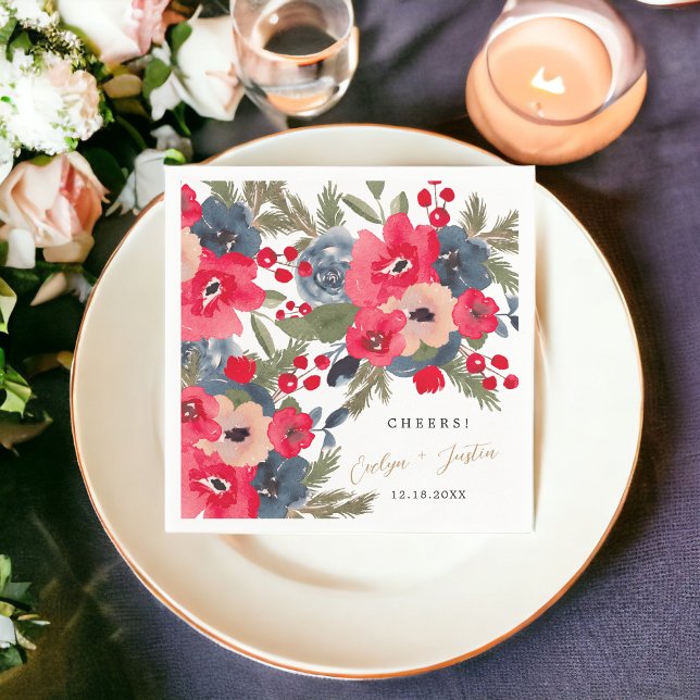 Serviette En Papier Rustique Elégant hiver Floral aquarelle rouge vert (Rustic Elegant Winter Floral watercolor red green Napkins)