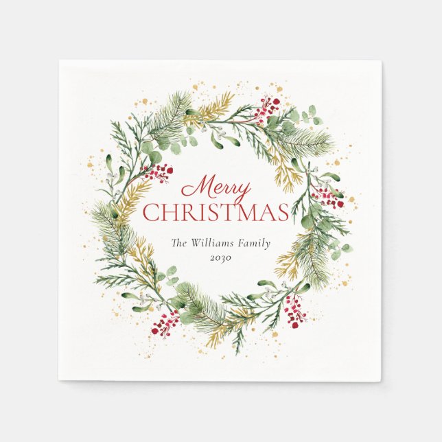 Serviette En Papier Rustique Gold Winter Greenery Wreath Joyeux Noël (Devant)