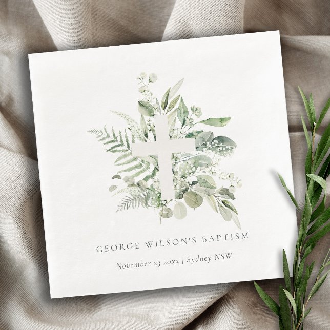 Serviette En Papier Rustique Green Eucalyptus Fern Foliage Croix Baptê (Créateur téléchargé)