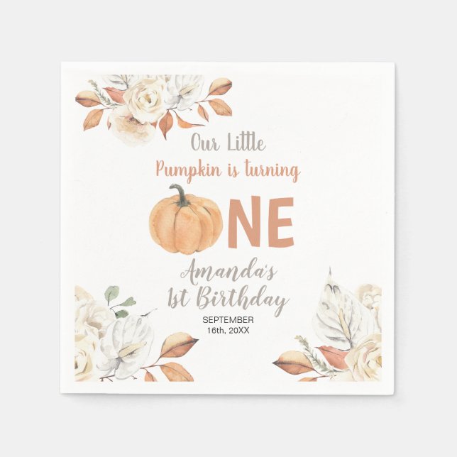 Serviette En Papier Rustique Orange Citrouille 1er anniversaire Floral (Devant)