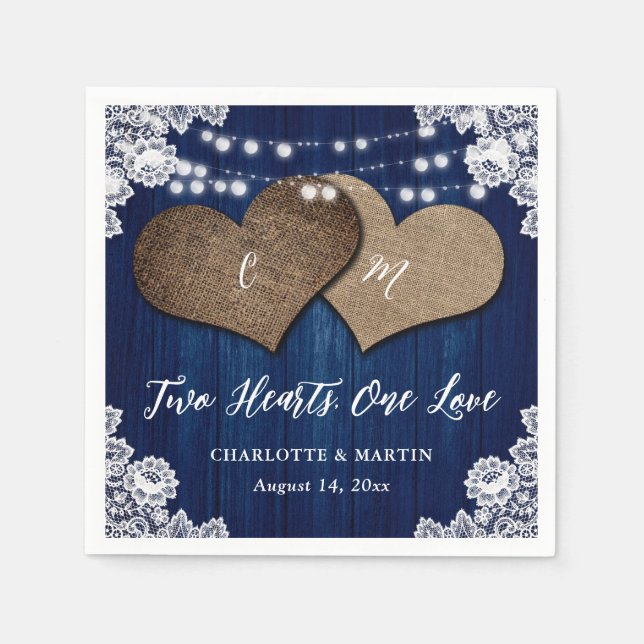 Serviette En Papier Rustique Pays Marine Bleu Bois Burlap Mariage dent (Devant)