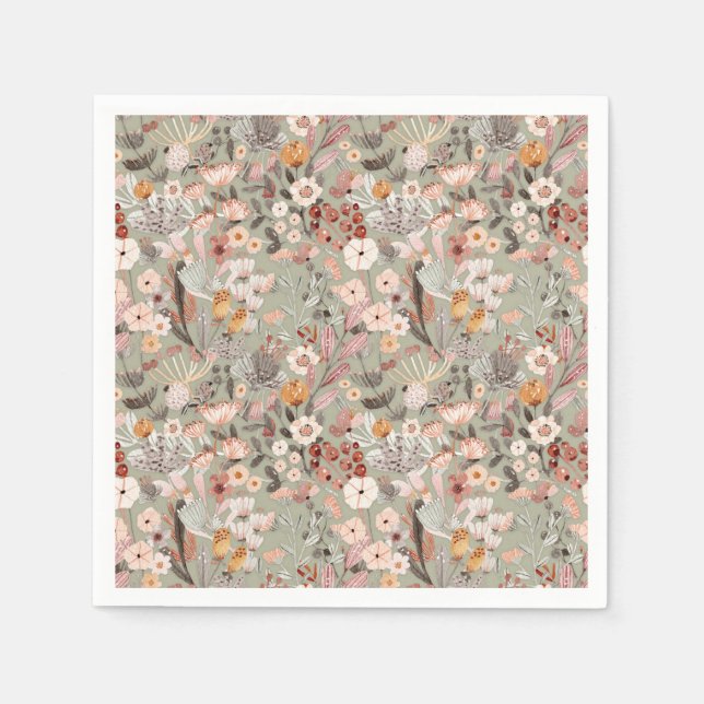 Serviette En Papier Rustique Sage Taupe Floral Boho Motif Botanique (Devant)