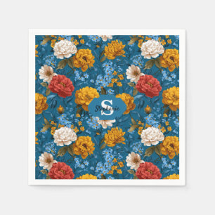 Serviette En Papier Rustique Vintage coloré motif floral en bleu