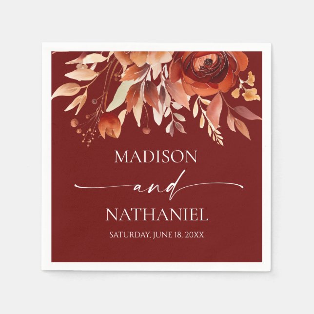 Serviette En Papier Rusty Burgundy Brown Floral Flower Wedding (Devant)