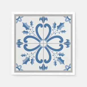 Serviette En Papier Sacré de Noël et pétales de fleurs carreaux bleus
