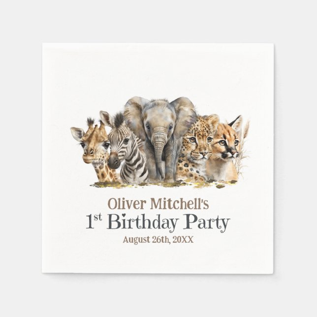 Serviette En Papier Safari africain Animaux 1er anniversaire (Devant)