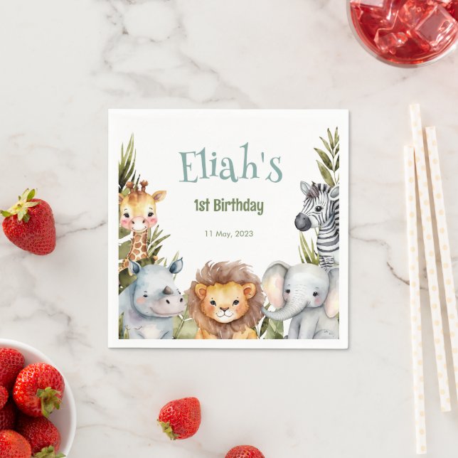 Serviette En Papier Safari Animaux sauvages Un 1er anniversaire (En situation)