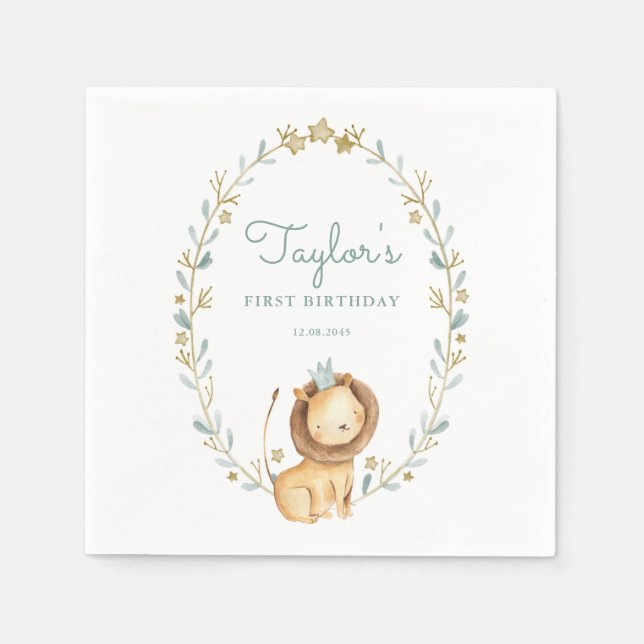 Serviette En Papier Safari Aquarelle Lion Prince Premier anniversaire (Devant)