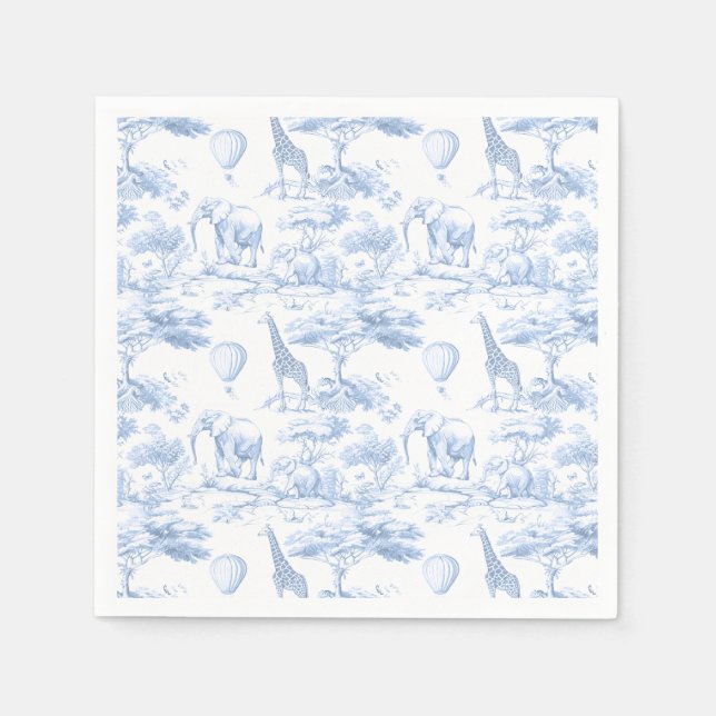 Serviette En Papier Safari bleu Animaux Toile de Jouy Baby shower (Devant)