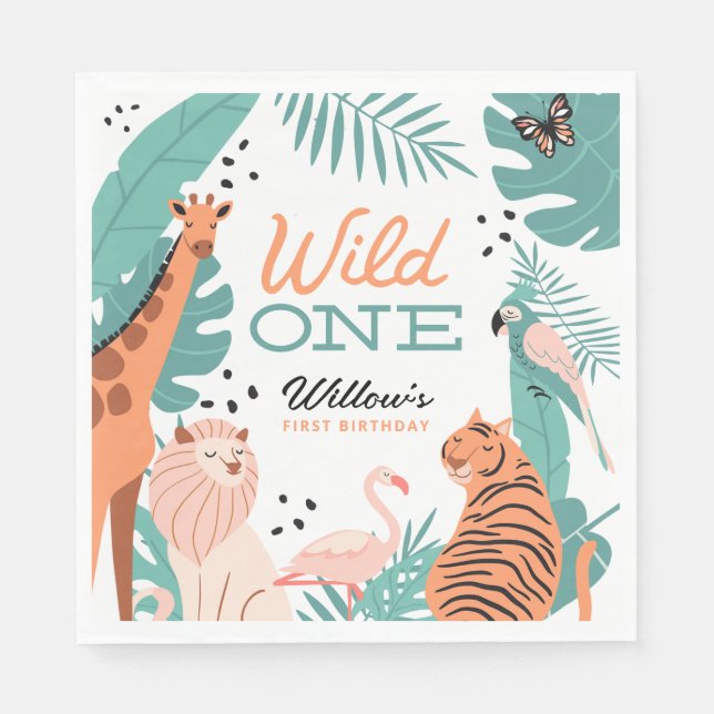 Serviette En Papier Safari moderne Animaux Wild Un 1er Anniversaire Na (Devant)